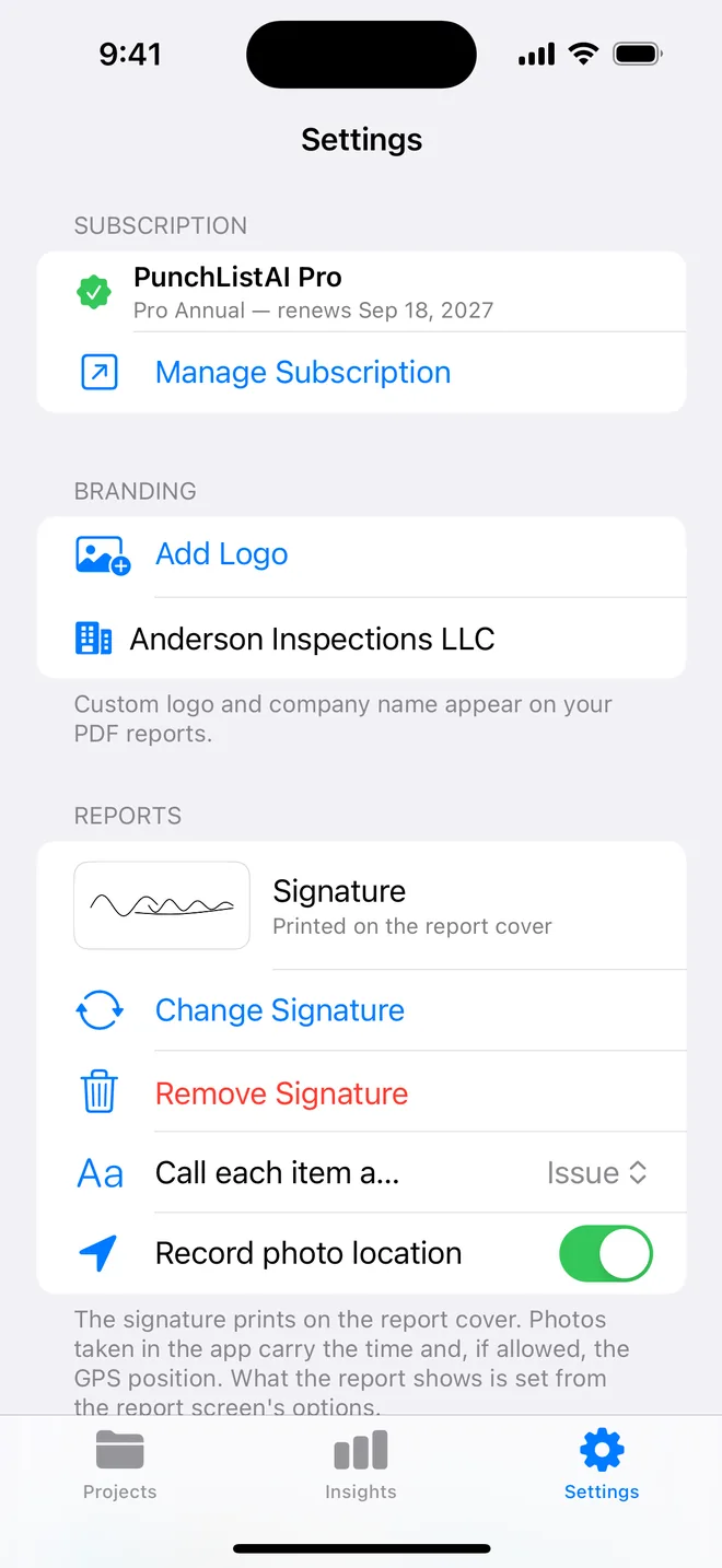 Settings: signature printed on the cover, wording and photo location