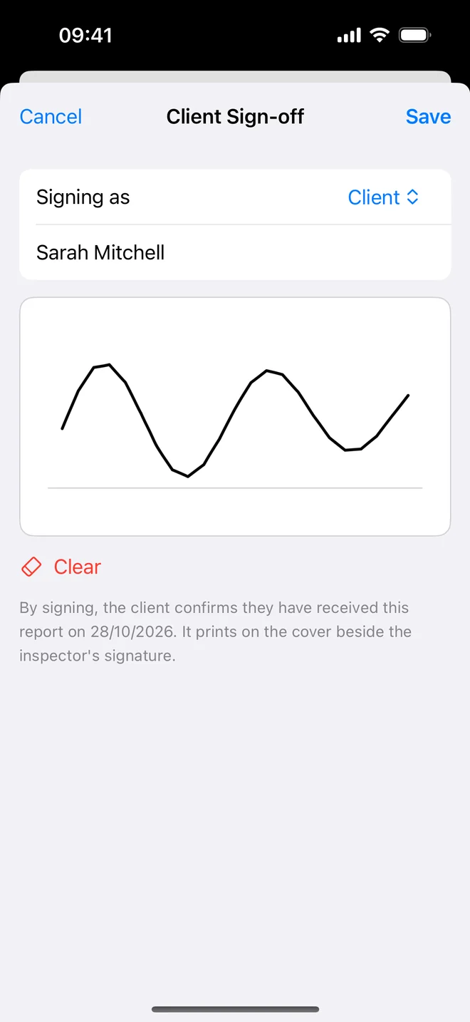 Client sign-off: the client's name and signature drawn on the phone