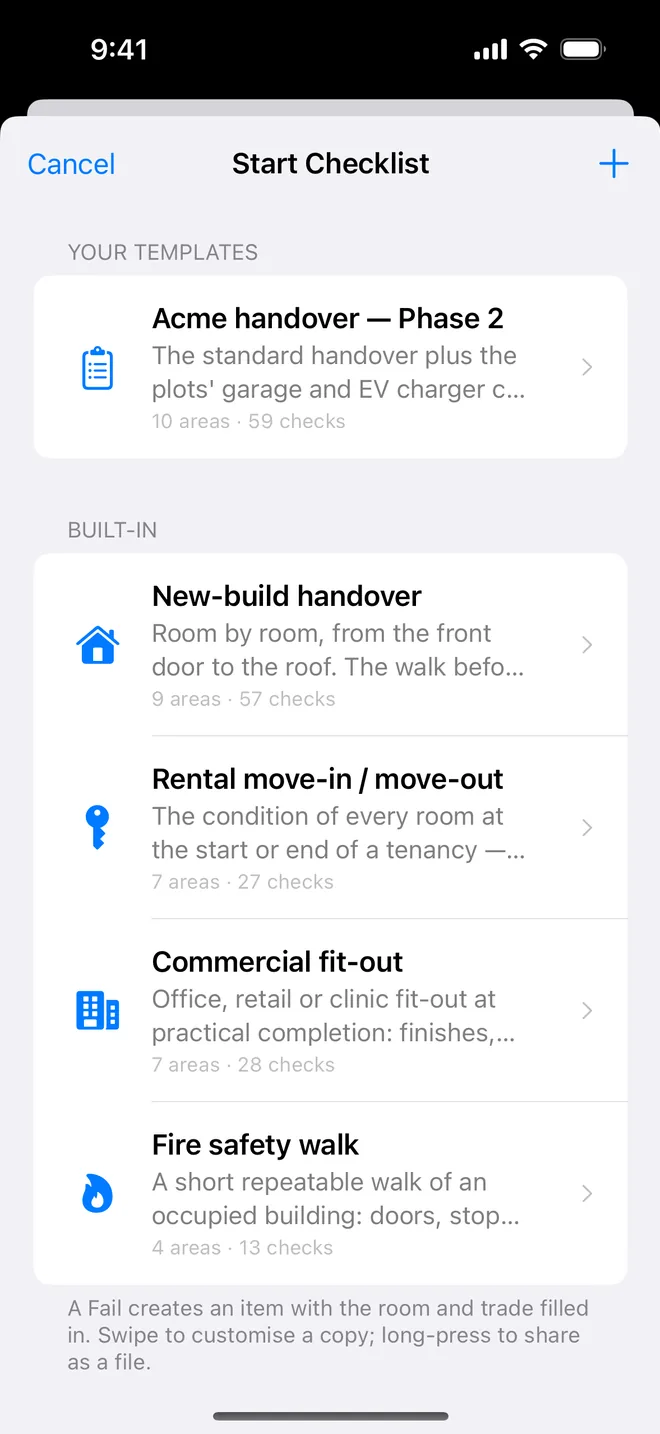 The template picker in the app